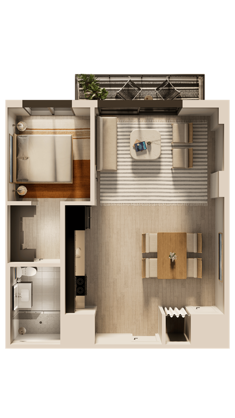 Floor plan for 1 bed, 1 bath, 774 sqft